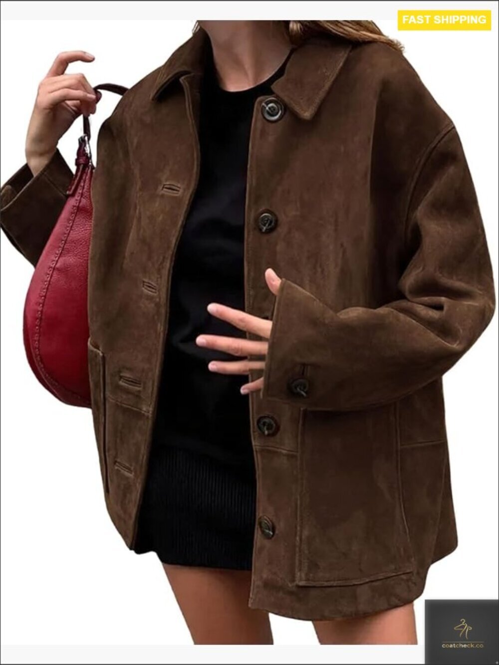 Womens Faux Suede Suede Leather Shacket Midi Long Coat Button Down Jacket